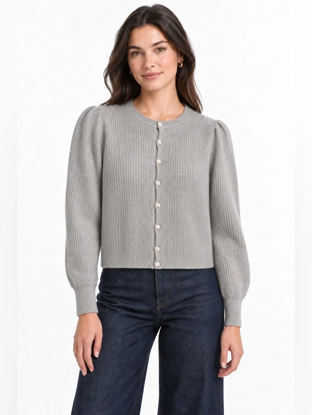 J. Crew Cashmere puff-sleeve cardigan sweater in Gray. Size Small